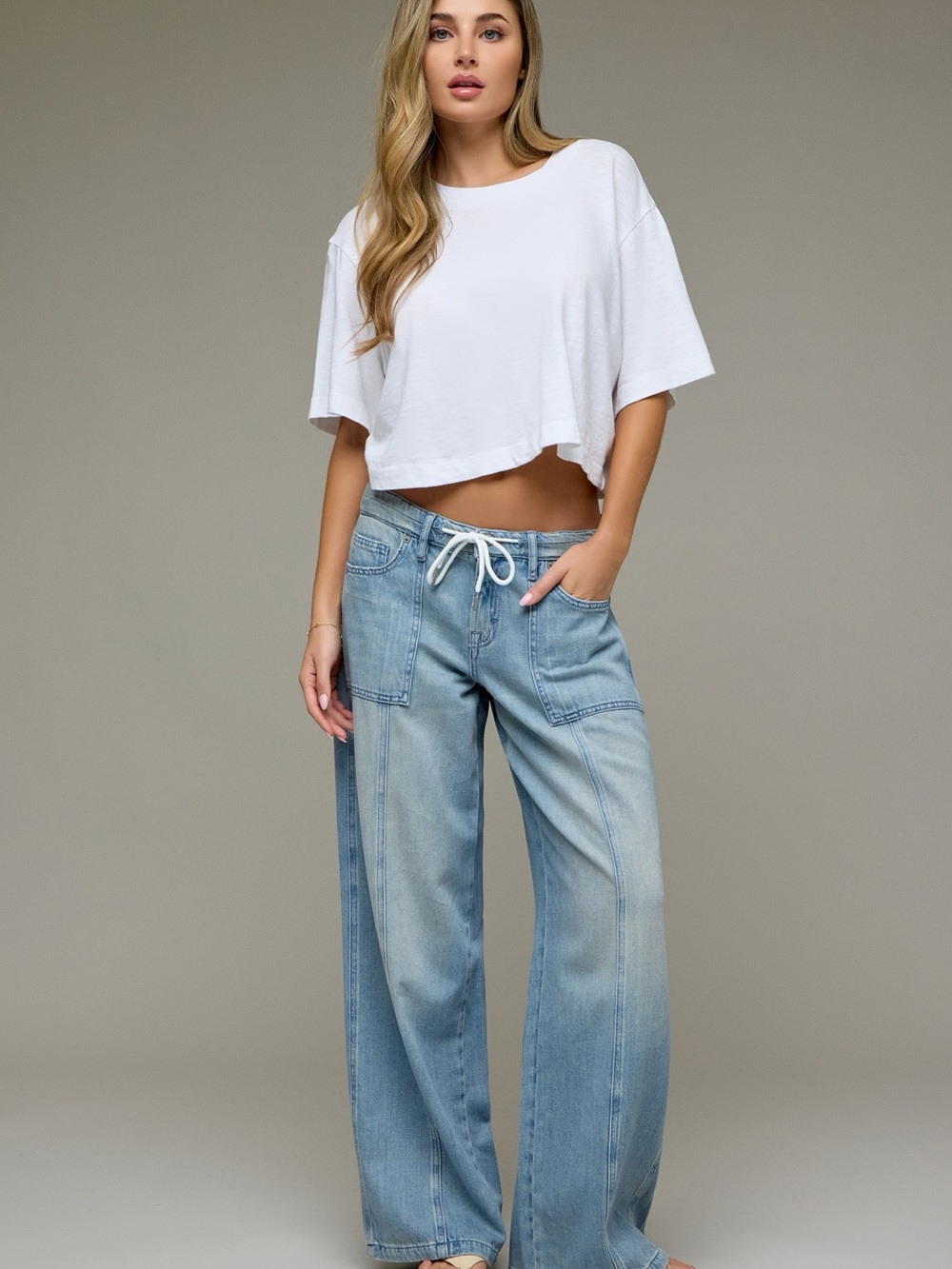 Light Wash Wide Leg Drawstring Jeans